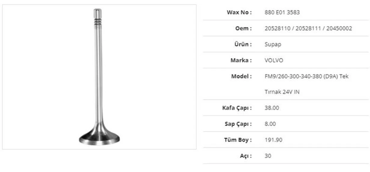Volvo Truck Subap Emme Volvo Fm9/260-300-340-380(d9a ) Tek Tirnak 24v 38kx8sx191,9bx30a (12adet) - Wax 880 E01 3583