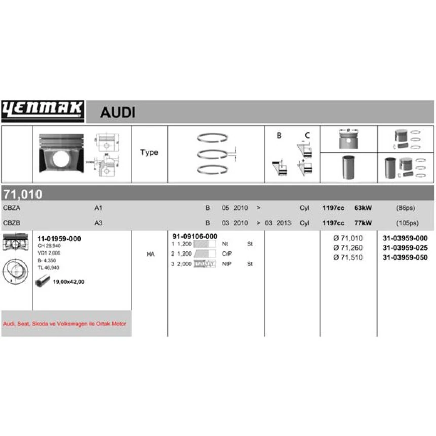 Vag Piston+segman (76,51mm Std) Golf V Octavıa Eos A3 Jetta III Passat Touran 1,6 Fsi Blf Bag Blp - Yenmak 31-03956-000