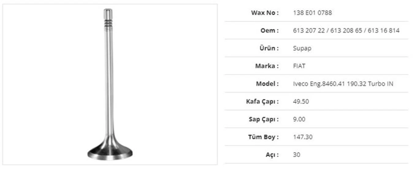 İveco Truck Subap Emme İveco İveco Eng. 8460.41190.32 Turbo 49,5kx9sx147,3bx30a (6adet) - Wax 138 E01 0788