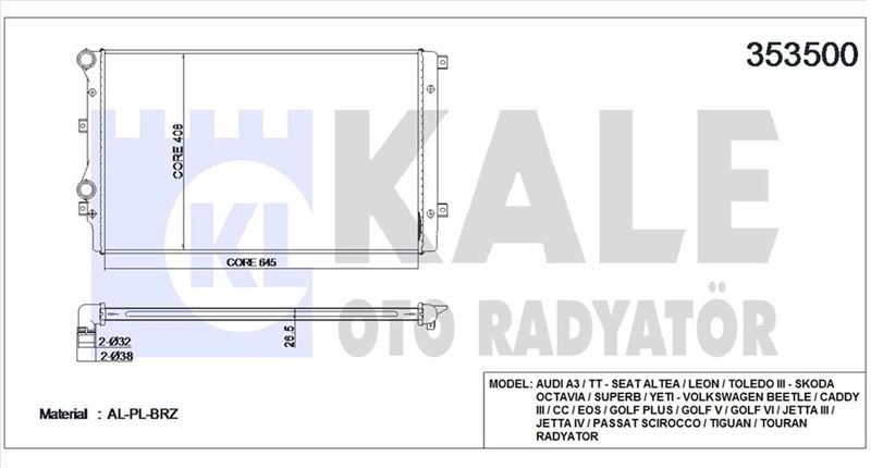 MOTOR RADYATORU (BRAZING- 648X460) CADDY PASSAT GOLF JETTA OCTAVIA TOURAN ALTEA SUPERB 2,0TDI CFHC 0 - KALE 353500