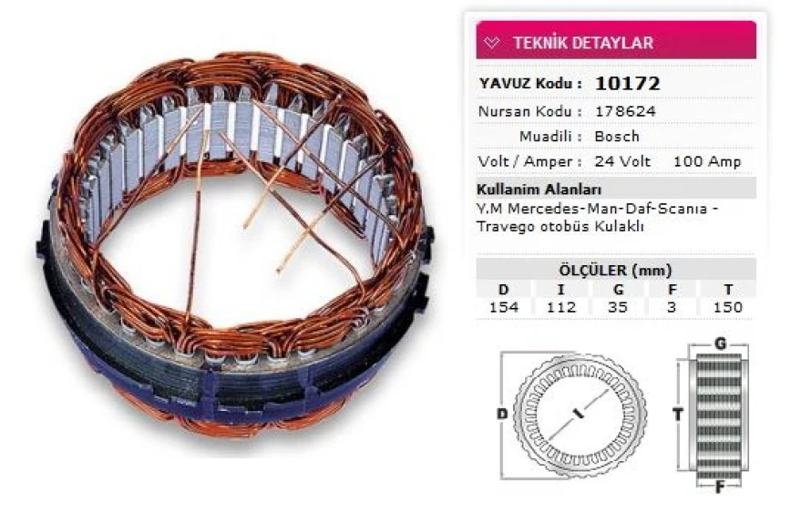 Mercedes Truck Stator Bosch Tip 24v 100a Ym Mercedes Man Daf Scanıa Travego Otobus Kulaklı Nursan 178624 - Yavuz 10 172