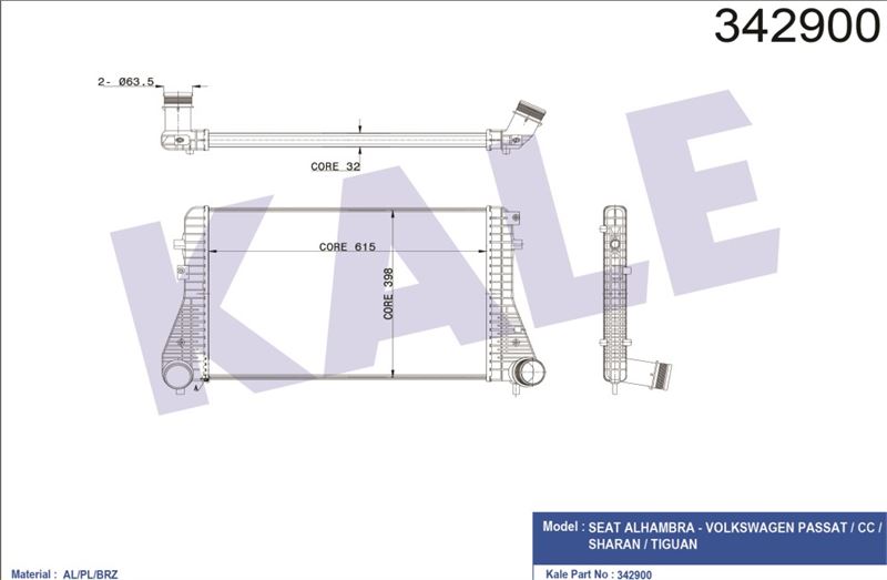 TURBO RADYATORU (INTERCOOLER) PASSAT / CC TIGUAN SHARAN ALHAMBRA 2,0TDI 08>> - KALE 342900