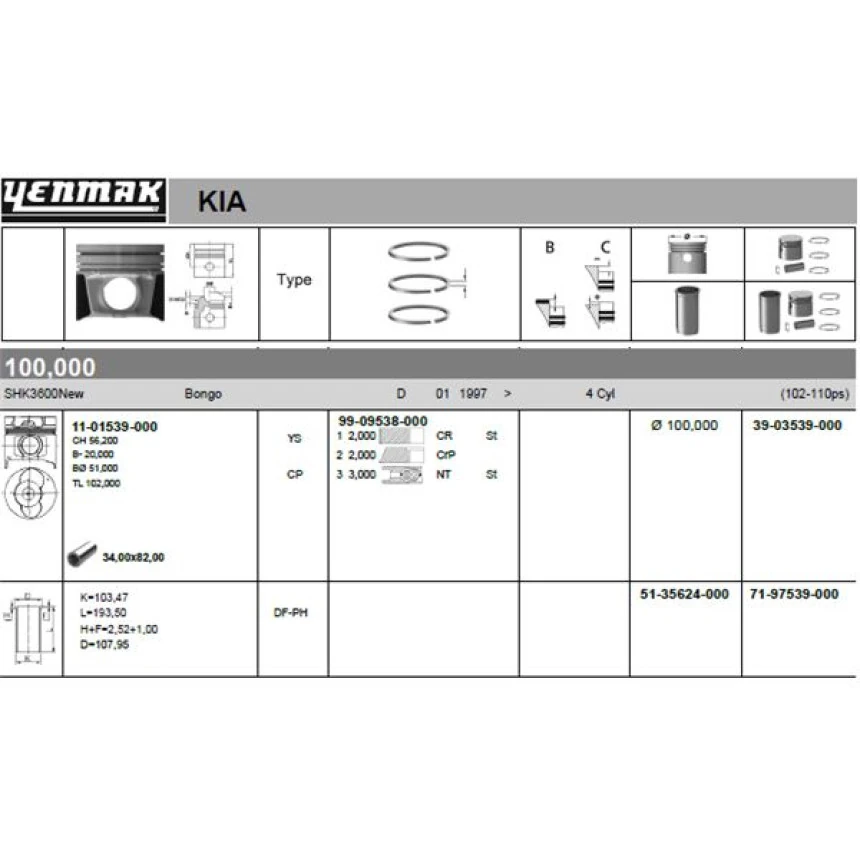İsuzu Ticarı Piston Segmanlı (std) Kia Cobra K3600 (npr Segmanlı) 100mm - Yenmak 39-03539-000