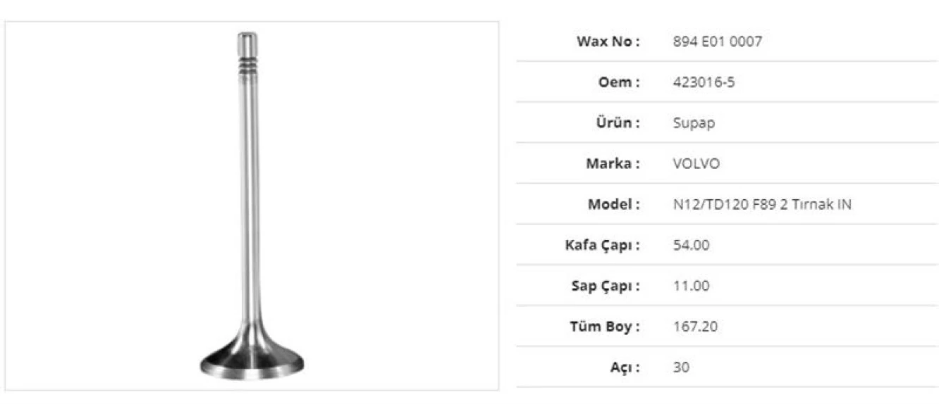 Volvo Truck Subap Emme Volvo N12/td120 F892 Tirnak 54kx11sx167,2bx30a (6adet ) - Wax 894 E01 0007