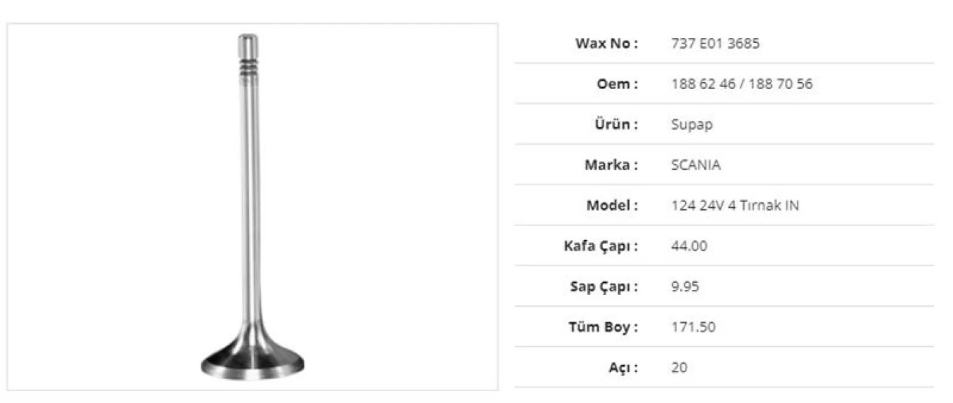 Scanıa Truck Subap Emme Scanıa 124 24v 4 Tirnak 44kx9,95sx171,5bx20a (12adet) - Wax 737 E01 3685