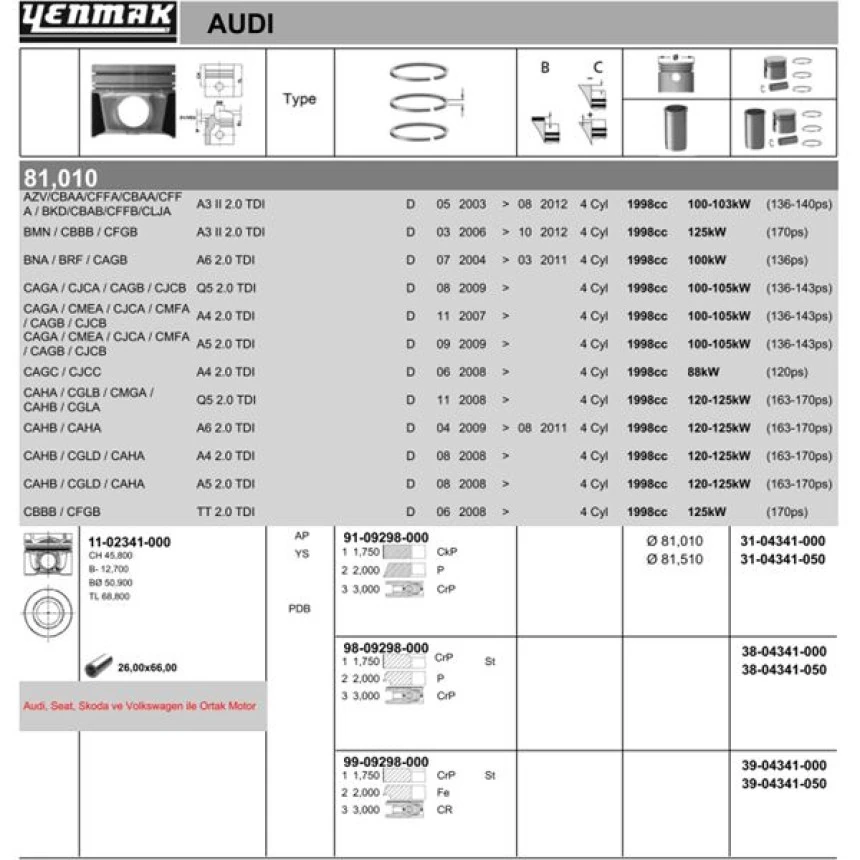 Vag Piston+segman Golf A3 Tt Superb 2.0 Tdi 16v Cbbb - Yenmak 31-04341-050