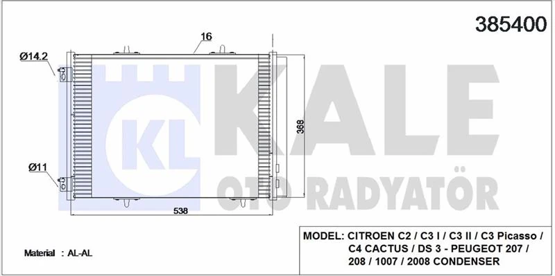 Psa Klima Radyatoru (kondanser) P207 P1007 C2 C3 C3 II 1.6 Hdi 05>10 Olcu: (538×368×16) - Kale 385400