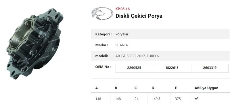 Scanıa Truck Dingil Poryası Arka Teker Diskli  Rulmansız Scanıa Euro 6 Ar-Ge Serisi 2017, Euro 6 - Kurtsan Kp.03.16
