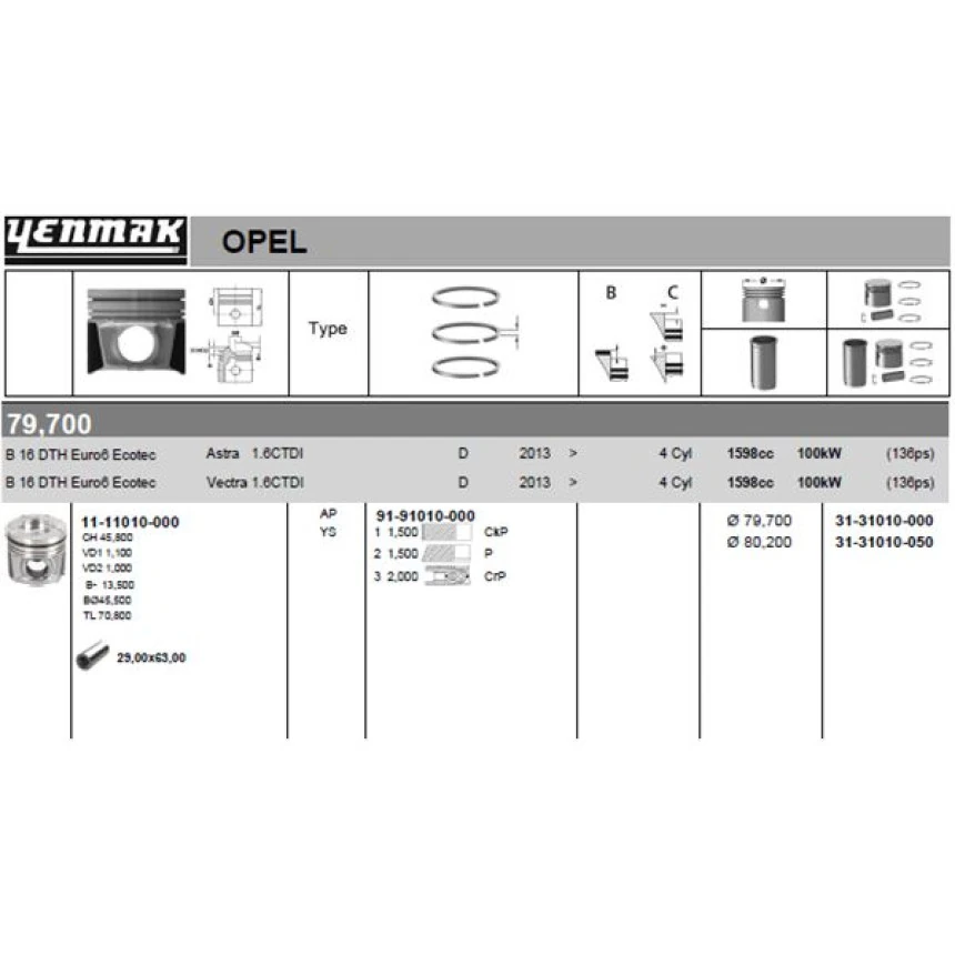 Opel Piston Segman 050 Farklı 80,2 MM B16dth (136 Bg) Euro 6 - Yenmak 31-31010-050