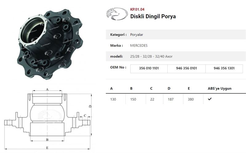 DINGIL PORYASI ARKA TEKER ILAVE DINGIL DISKLI  MERCEDES AXOR  2528-3228 -3240 - KURTSAN KP.01.04