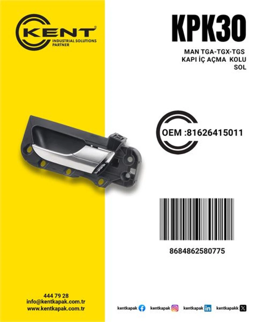 Man Truck IC Kapı  Acma Kolu Sol Komple Man  Tgx-Tgl-Tgm-Tgs - Kent Kpk-30