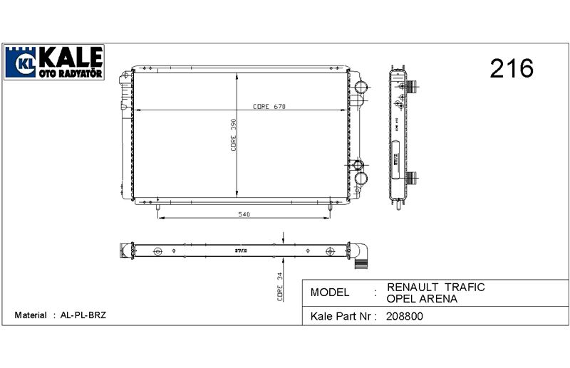 MOTOR RADYATORU TRAFIC 2,4D MEKANIK KLIMASIZ (670X395X34) / (2 SIRA ALB SISTEM) - KALE 0540401AB
