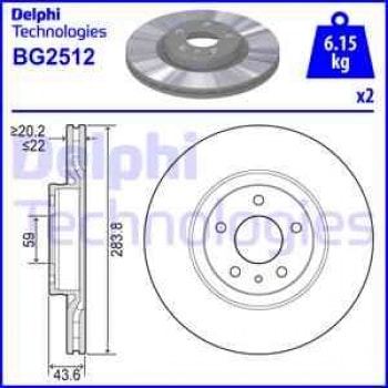 ON FREN AYNASI (DISKI) DOBLO III EGEA 1,3 / 1,6 / 2,0 10>ALFA ROMEO 147 156 (5 BIJON 284MM) - DELPHI BG2512
