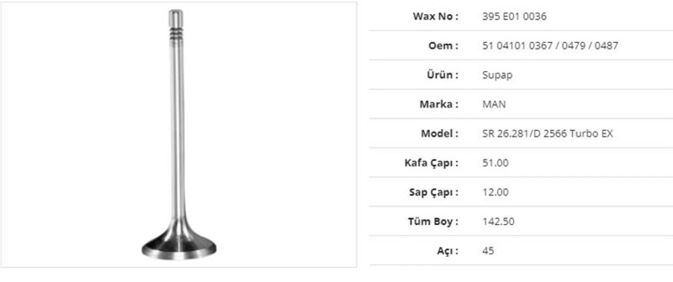 Man Truck Subap Egzoz Man F90 19.422 D2866 90>96 F2000 19.423 D2866 94> 26.281 D2566 Turbo 51kx12sx142,5bx45a - Wax 395 E01 0036