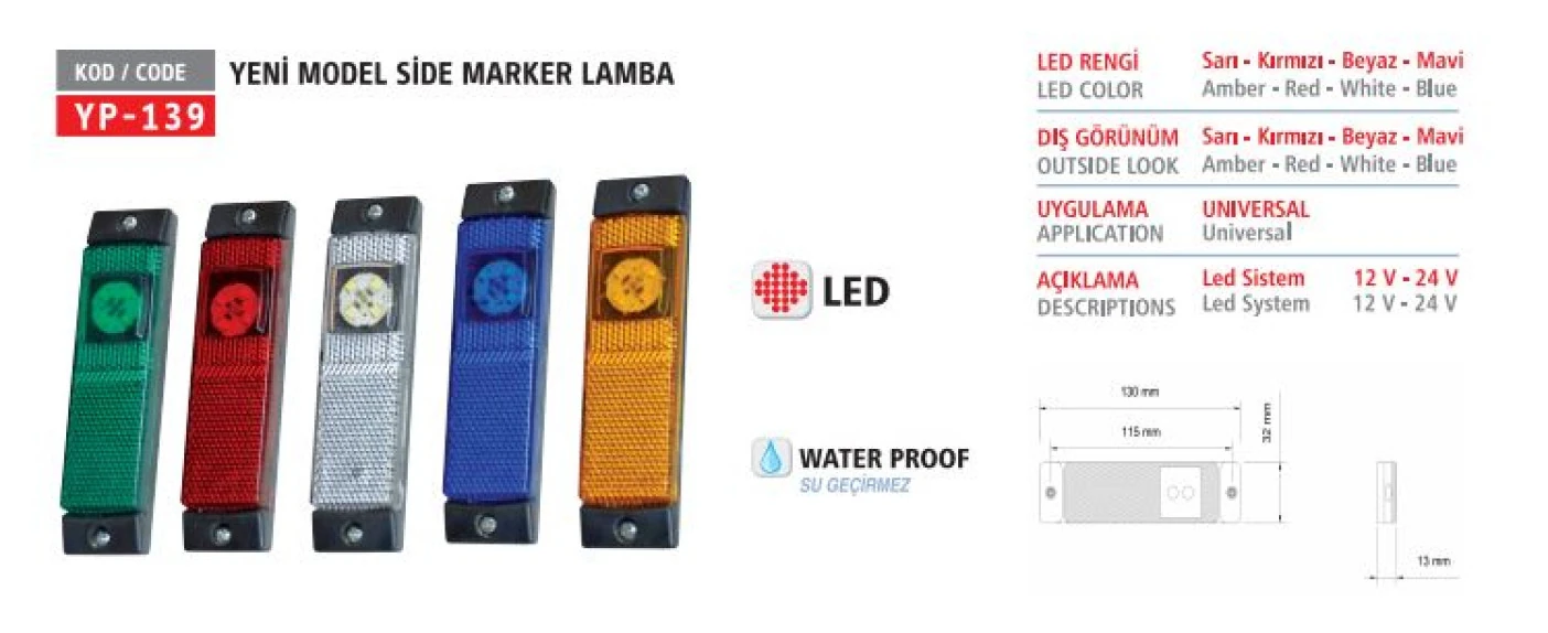 Unıversal Truck Side Marker Yeni Model Ledli Mavı 12/24v - Yuceplast Yp-139 M