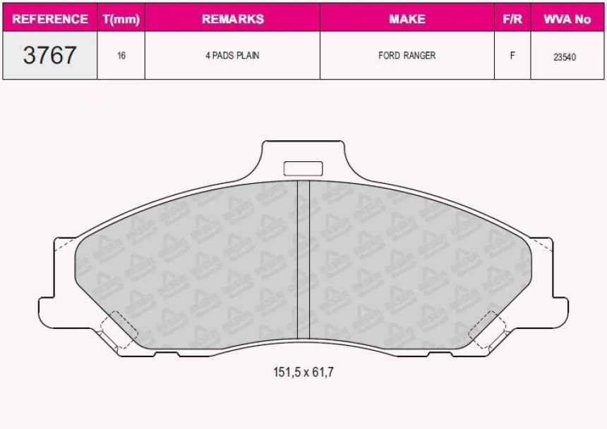 Mazda Ticarı On Fren Balatası Ranger 2,5td 4×4 04> 2,5,2,5d 4×4 99>02 06>11 Mazda B2500 01>03 Bt 50 - Beser 3767