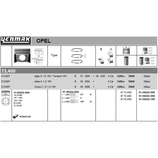 Opel Motor Piston+segman Komple 100 (74,40mm) Corsa C – Corsa D – Astra H – Agıla A – Z12xep - Yenmak 31-04222-100
