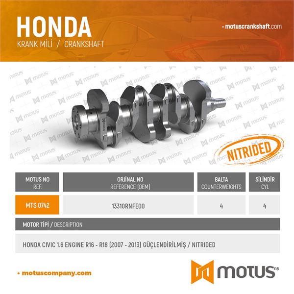 KRANK MILI HONDA CIVIC 1.6 MOTOR R16 R18 MOTOR 2007 2013 (4 BALTA) - MOTUS 742