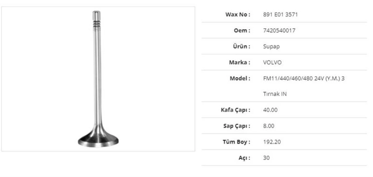 Volvo Truck Subap Emme Volvo Fm11/440/460/480(y.m ) 24v 3 Tirnak 40kx8sx192,2bx30a (12adet) - Wax 891 E01 3571