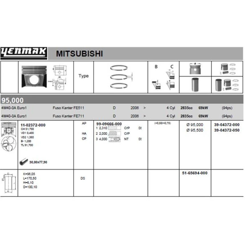 Mitsubıshı Ticarı Piston Segmanlı (std)(npr Segmanlı) Mitsubıshı Fuso Canter 4m40 Fe511 Fe711 - Yenmak 36-04372-000