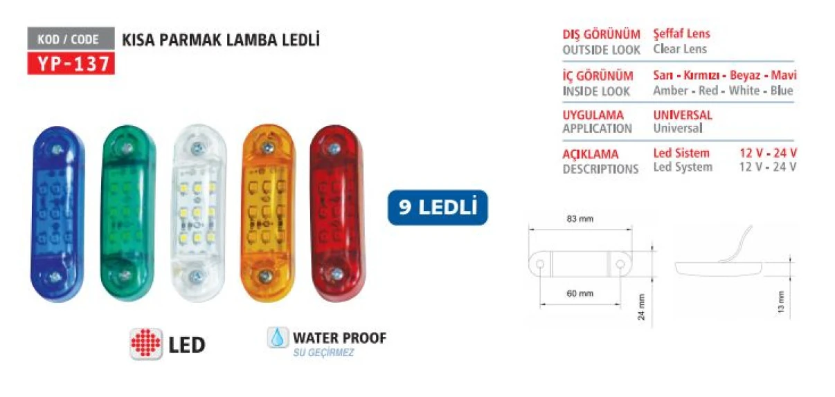 Unıversal Truck Parmak Lamba Kisa 9 Ledli Beyaz 12/24v - Yuceplast Yp-137 B