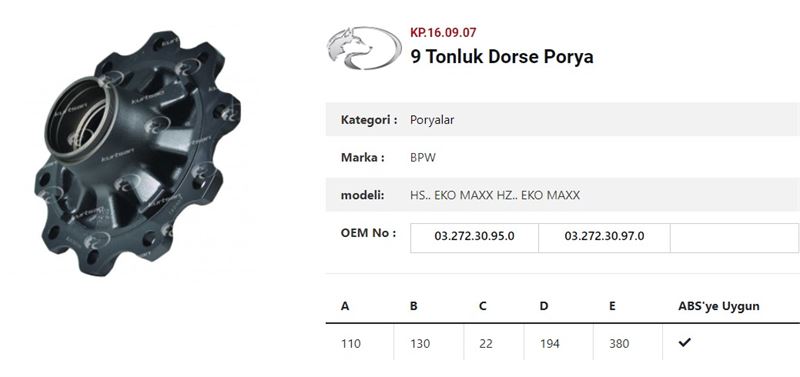 DINGIL PORYASI  BPW RÖMORK 9 TON ÇAKMA PILOT(TIRSAN) - KURTSAN KP.16.09.07