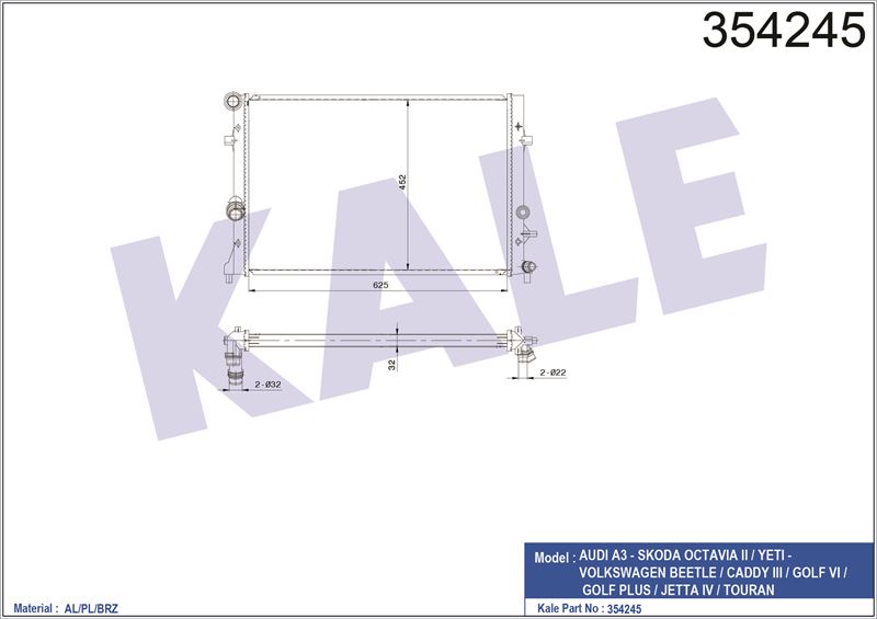 MOTOR RADYATORU (BRAZING) GOLF VI 08> CADDY 11>15 JETTA 11>18 TOURAN 11>15 A3 09>13 OCTAVIA 09>13 YE - KALE 354245
