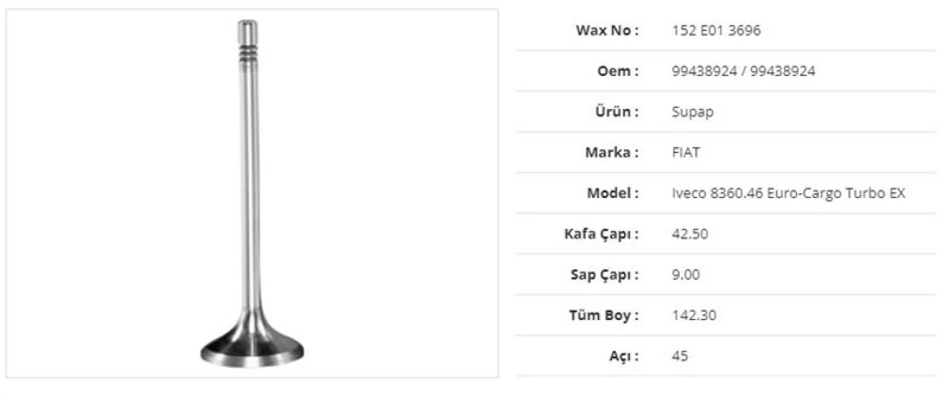 İveco Truck Subap Egzoz İveco İveco 8360.46 Euro-Cargo Turbo 42,5kx9sx142,3bx45a (6adet) - Wax 152 E01 3696
