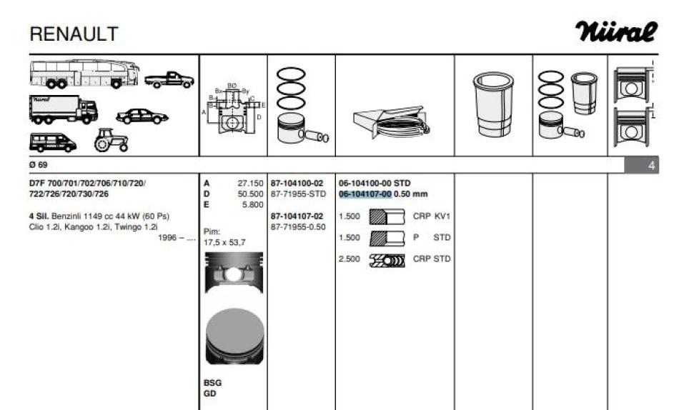 Renault Motor Segmanı Kangoo Clio Twingo 1,2i D7f (69mm) / (050) - Goetze 61041070g