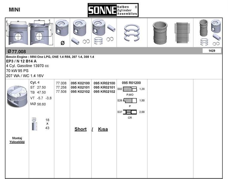 Bmw Piston + Segman 77mm Std Mini N12 B14 A R56 Peugeot Ep3 207 308 - Sonne 095kr02100