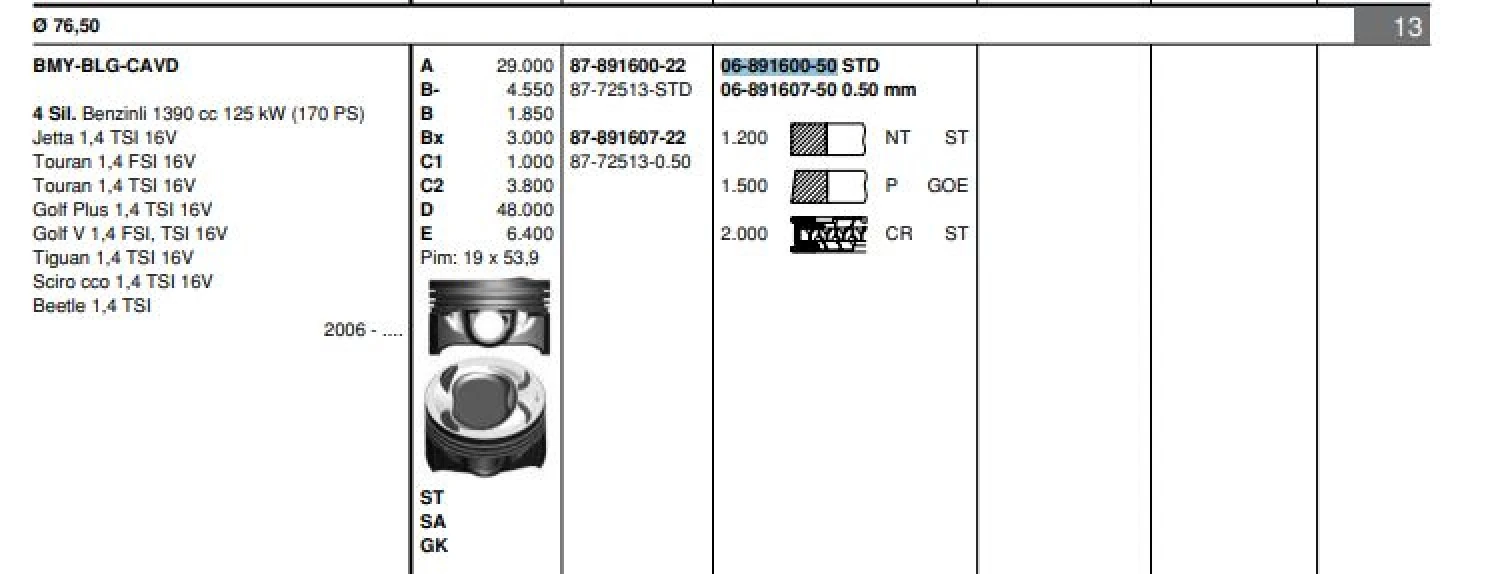 Vag Motor Segmanı Takım (1 Pistonluk) / (76,50mm Std) Golf V / VI / Plus Alhamra Beetle (touran 1,4tsi / - Goetze 68916005g
