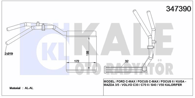 KALORIFER RADYATORU FOCUS II 03>11 FOCUS II C MAX 04>11 KUGA 08>12 MAZDA 3 06>09 MAZDA 5 05> VOLVO C - KALE 347390