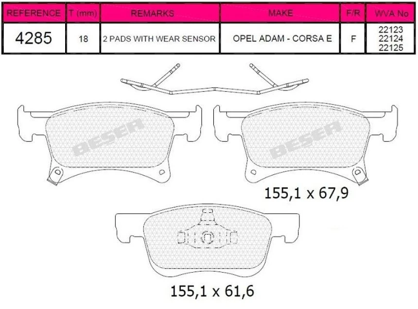 Opel On Fren Balatası Corsa E 2015> (15 İnc Jant) - Beser 4285