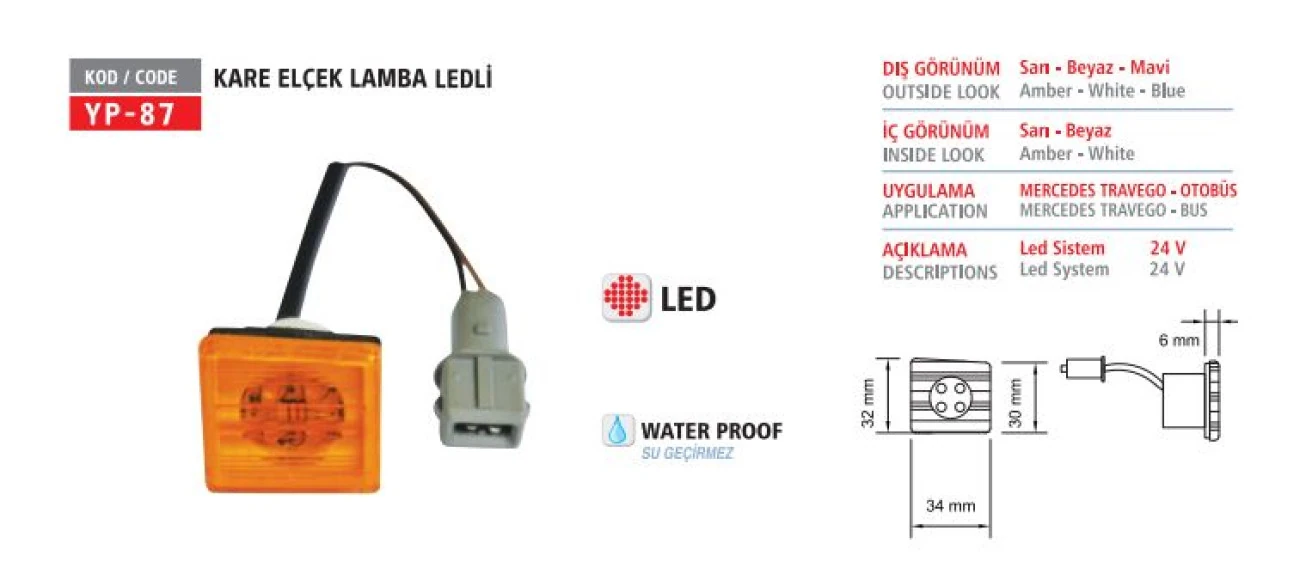 Mercedes Truck Reflektor 24v Sarı Ledli Kare Bagaj Elcek Lamba Mercedes Travego - Yuceplast Yp-87