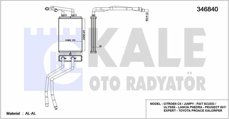 KALORIFER RADYATORU EXPERT III JUMPY III SCUDO III C8 P807 2,0HDI 16V / 1,6HDI 16V - KALE 346840