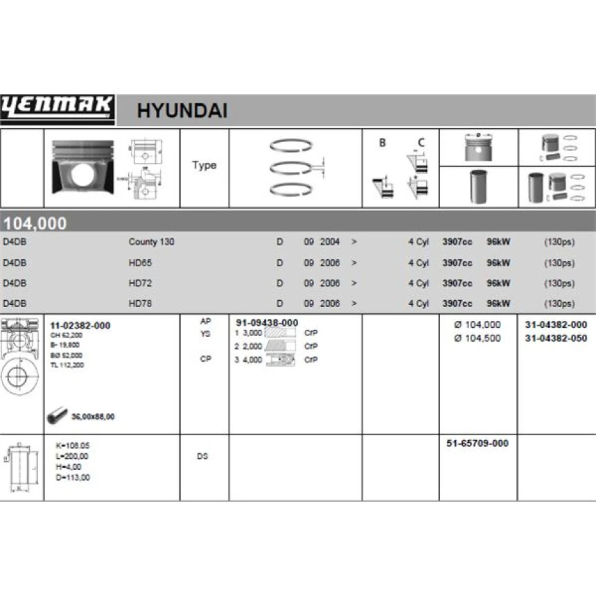 Hyundaı Ticarı Motor Piston Segman Hd65-Hd72 Euro2 D4da Motor (kulaksız) 104 MM H350 - Yenmak 31-04382-000