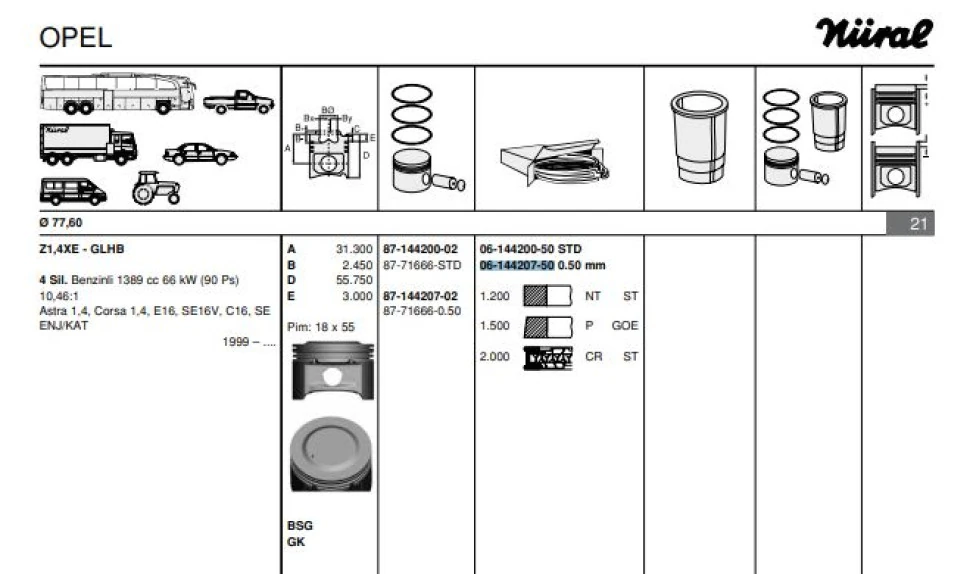 Opel Motor Segmanı Astra Corsa 1,4 Z14xe (77,60mm) / (050) - Goetze 61442075g