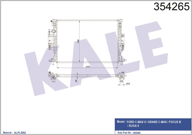 MOTOR SU RADYATORU FORD  GRAND C MAX 11> FOCUS III 11>  KUGA II 14> (AT MT) [26mm] 1.5 ECOBOOST 2.0 - KALE 354265