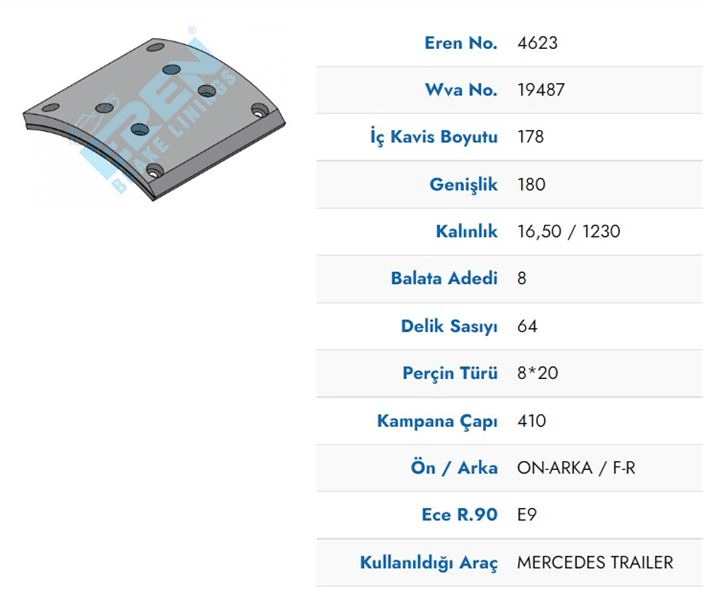 ON - ARKA FREN BALATASI PABUC MERCEDES ACTROS MP2-MP3 / ATEGO 2 / AXOR 2 / AROCS  TIR MAN TGA / TGS - EREN 4623 M71