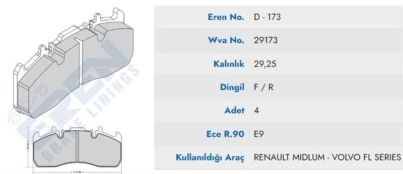 Renault Truck On/arka Fren Balatası Renault Truck-Volvo 440 09-->renault Midlum 06-->  (mavı Kutu) - Eren Hp D.173 M201 Yaylı