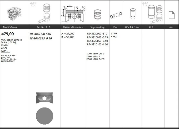 Opel Motor Piston+segmanı ( Riken )  79,00+stdmm Cap Vectra 1.6i 16v Astra 1.6i Meriva 1.6i 16v Zafıra 1. - Kingpiston 18-3010390