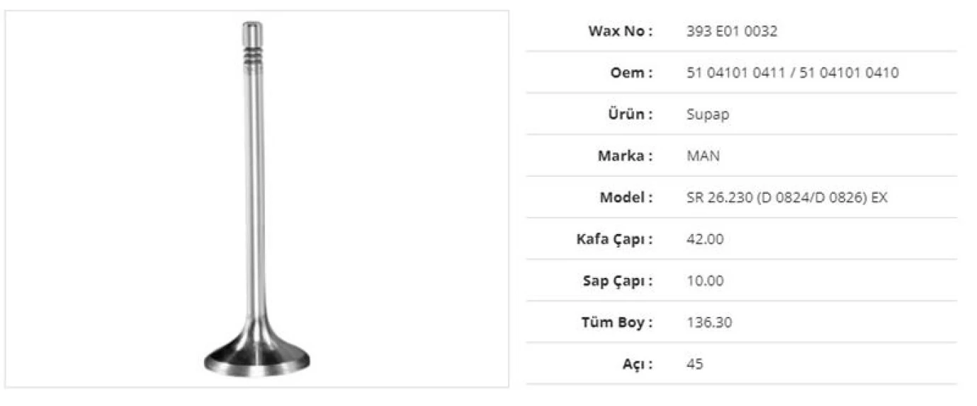 Man Truck Subap Egzoz Man 12.153 12.163 D0824 95> 26.230 26.270 D0826 32.270 D0836 Edc LI Hiex 42kx10sx136,3bx - Wax 393 E01 0032