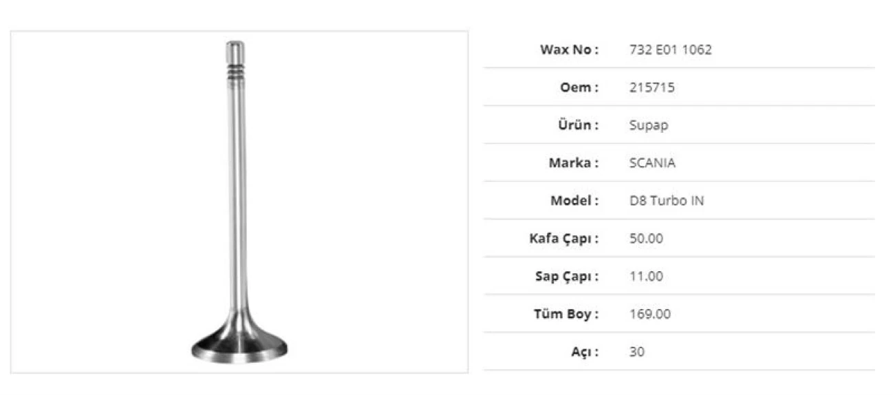 Scanıa Truck Subap Emme Scanıa D8 Turbo 50kx11sx169bx30a (6adet) - Wax 732 E01 1062