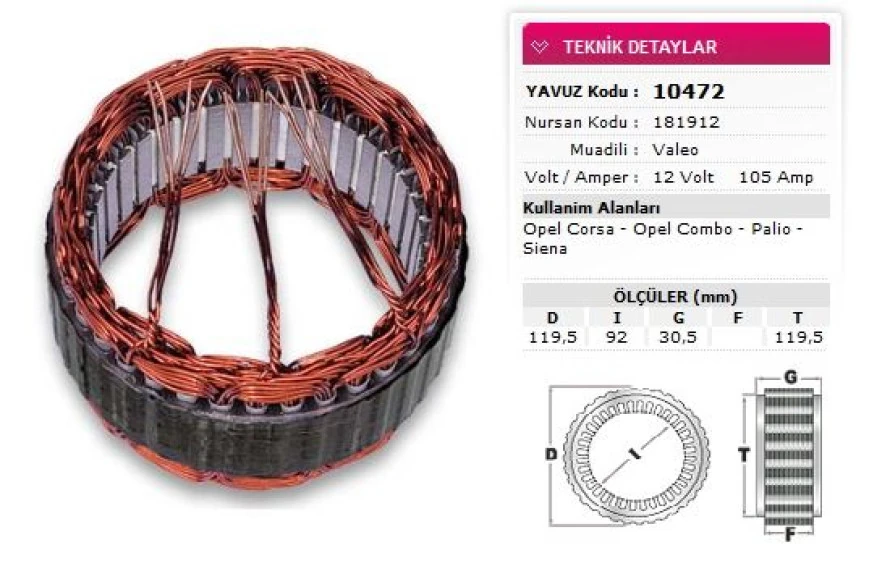 Opel Stator Valeo Tip 12v 105a Opel Corsa Opel Combo Palıo Siena Multıjet Gurubu Nursan 181912 - Yavuz 10 472
