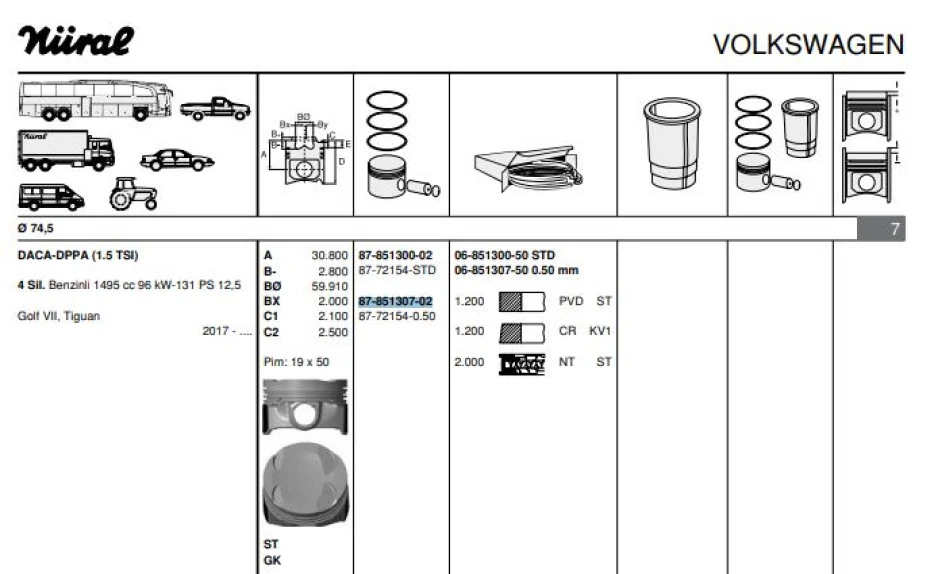 Vag Piston Segman 0.50 74,50mm Golf VII VIII 17> Leon 17> Daca Dpba 1.5 Tsi - Goetze 8772154050000g