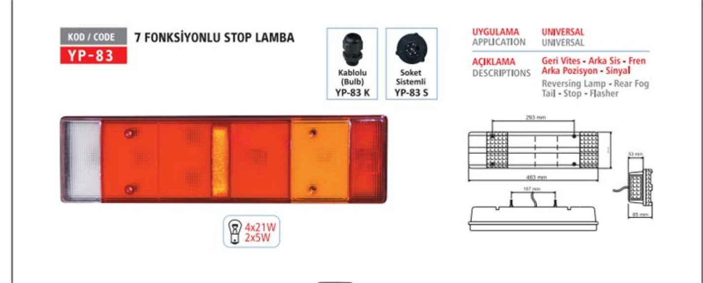 Unıversal Truck 7 Fonksıyonlu Stop Lambası Kablolu - Yuceplast Yp-83 K