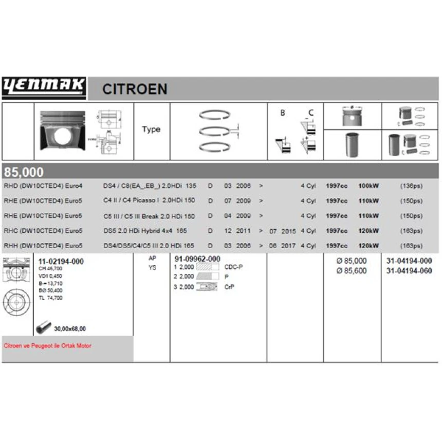 Ford Motor Piston Segman Std 85 MM 308-407-3008-5008/ C4-C5-Ds4-Ds5 Dw10cted4 2.0 Hdi 2009> Ford Mondeo I - Yenmak 31-04194-000