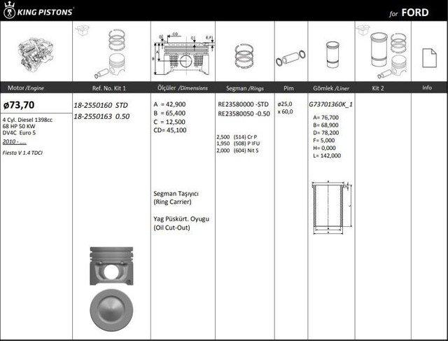 MOTOR PISTON+SEGMANI ( RIKEN )  73,70+STDmm CAP FIESTA V 1.4 TDCI DV4C  EURO 5 4 SIL. DIZEL 1398CC-6 - KINGPISTON 18-2550160