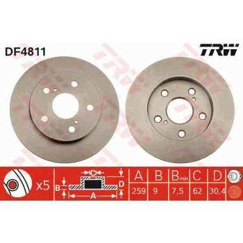 ARKA FREN DISKI (AYNASI) DUZ AURIS COROLLA VVT I 1,4 1,6 2007>2012 (259×5) - TRW DF4811