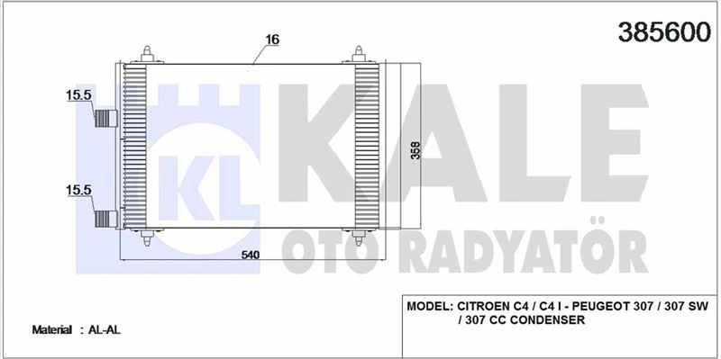 Psa Klima Radyatoru (kondanser) P307 C4 2.0hdi 8v / 16v 01>olcu: (540×358×16) - Kale 385600
